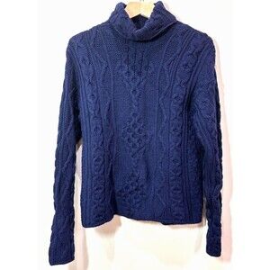 VTG Aran Crafts Ireland Blue Chunky Cable Knit Turtleneck Wool Women L Fisherman